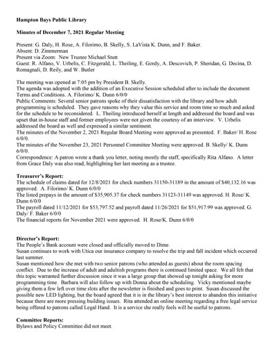 Minutes of December 7, 2021 Regular Meeting